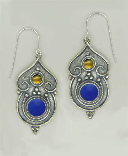 Sterling Silver Gothic Inspired Drop Dangle Earrings With Blue Onyx And Citrine